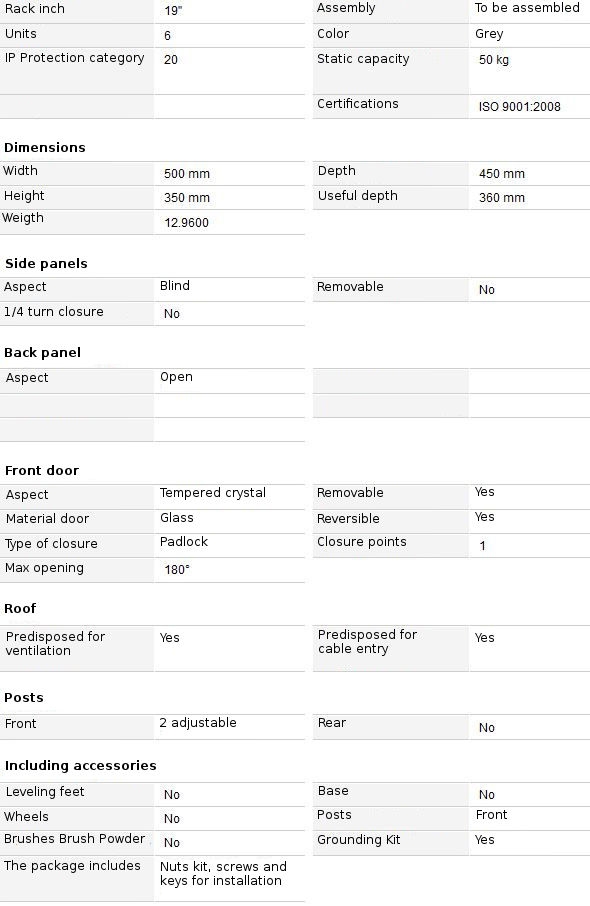 specifications rack cabinet 19" 6u